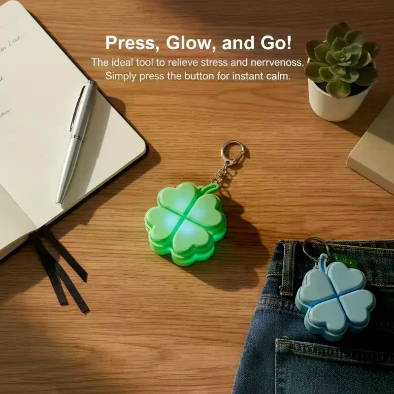 【】Lucky Four-Leaf Clover LED Light Up Keychain Clickable Buttons Stress Relief Toy Backpack Pendant Party Gift For Kids Adults