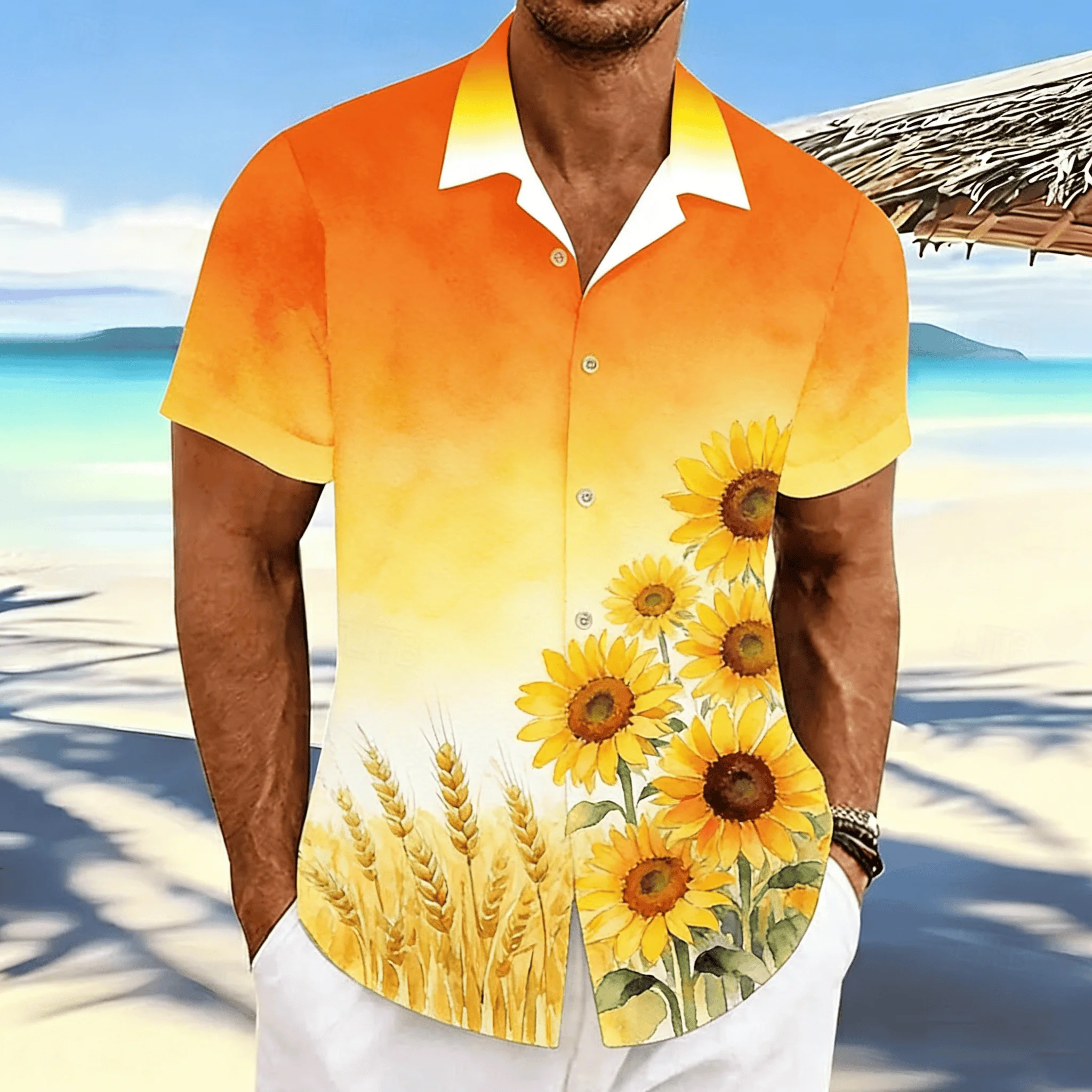 

Men's Sunflower & Wheat Print Short Sleeve Shirt, Orange Yellow Gradient Watercolor Design Button Down for Spring Summer