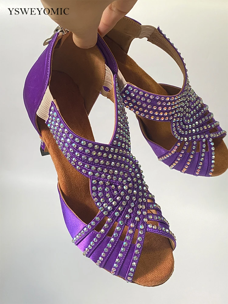 Chaussures de danse d\'intérieur personnalisées violettes, chaussures de salsa latine, talons de salle de Rhen cristal, 6cm, 7cm, 8cm, 2024