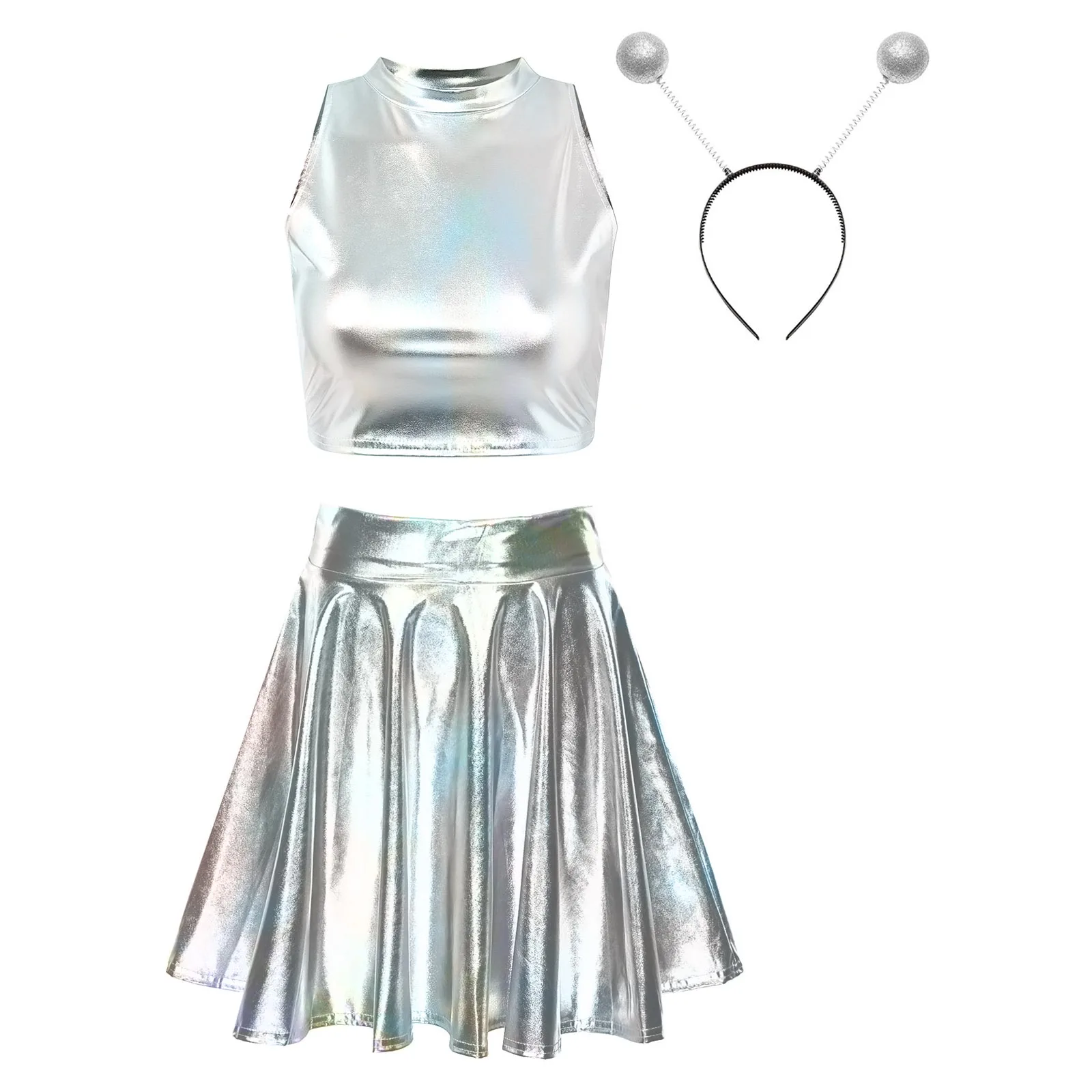 Womens Space Astronaut Cosplay Costume Metallic Shiny Sleeveless Crop Tank Top with Skirt Alien Hair Hoop Theme Party Clubwear