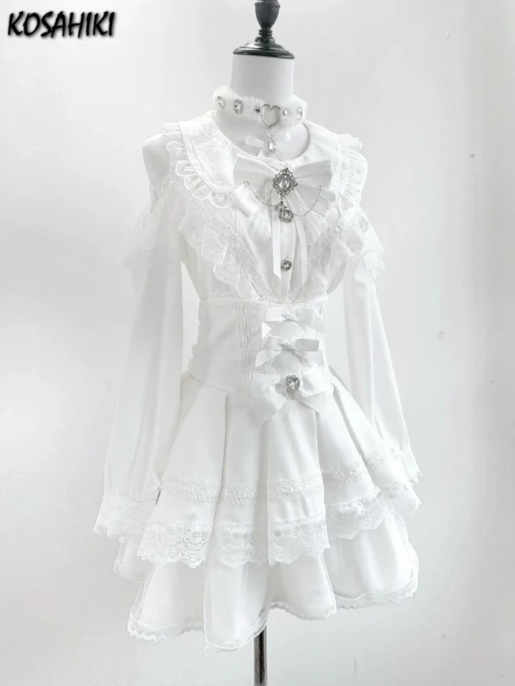 

Japanese Two Pieces Set Lace Patchwork Off Shoulder Mini Dress + Lolita Sweet Mini Skirts Suit 2025 Summer Women Kawaii Outfit