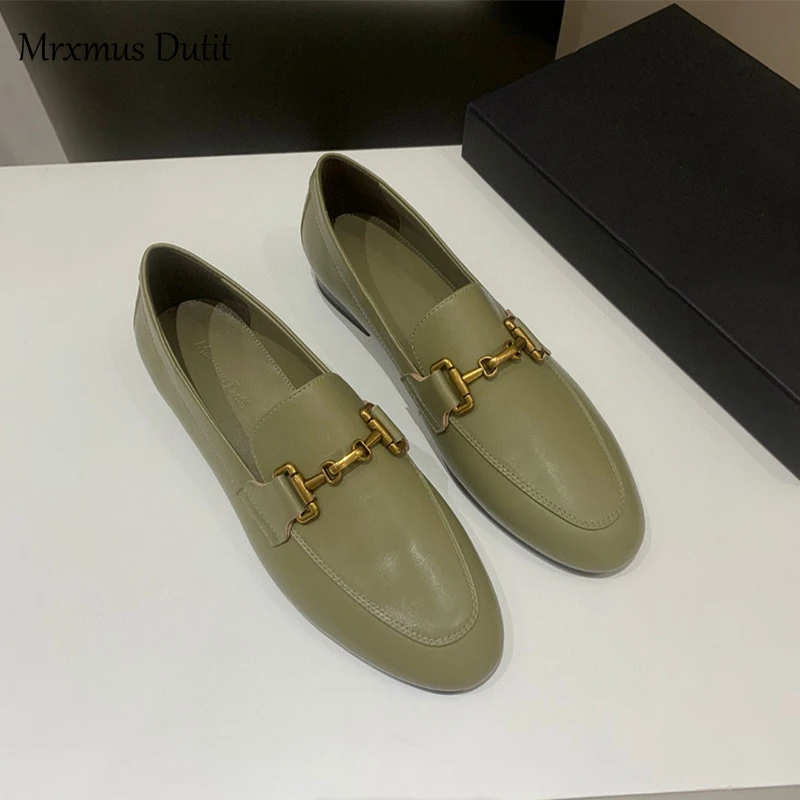 Mrxmus Dutit 2024 Spring Fashion Women New Genuine Leather Flats Shoes Metal Buckle Decoration Casual Simple Loafers Female Chic