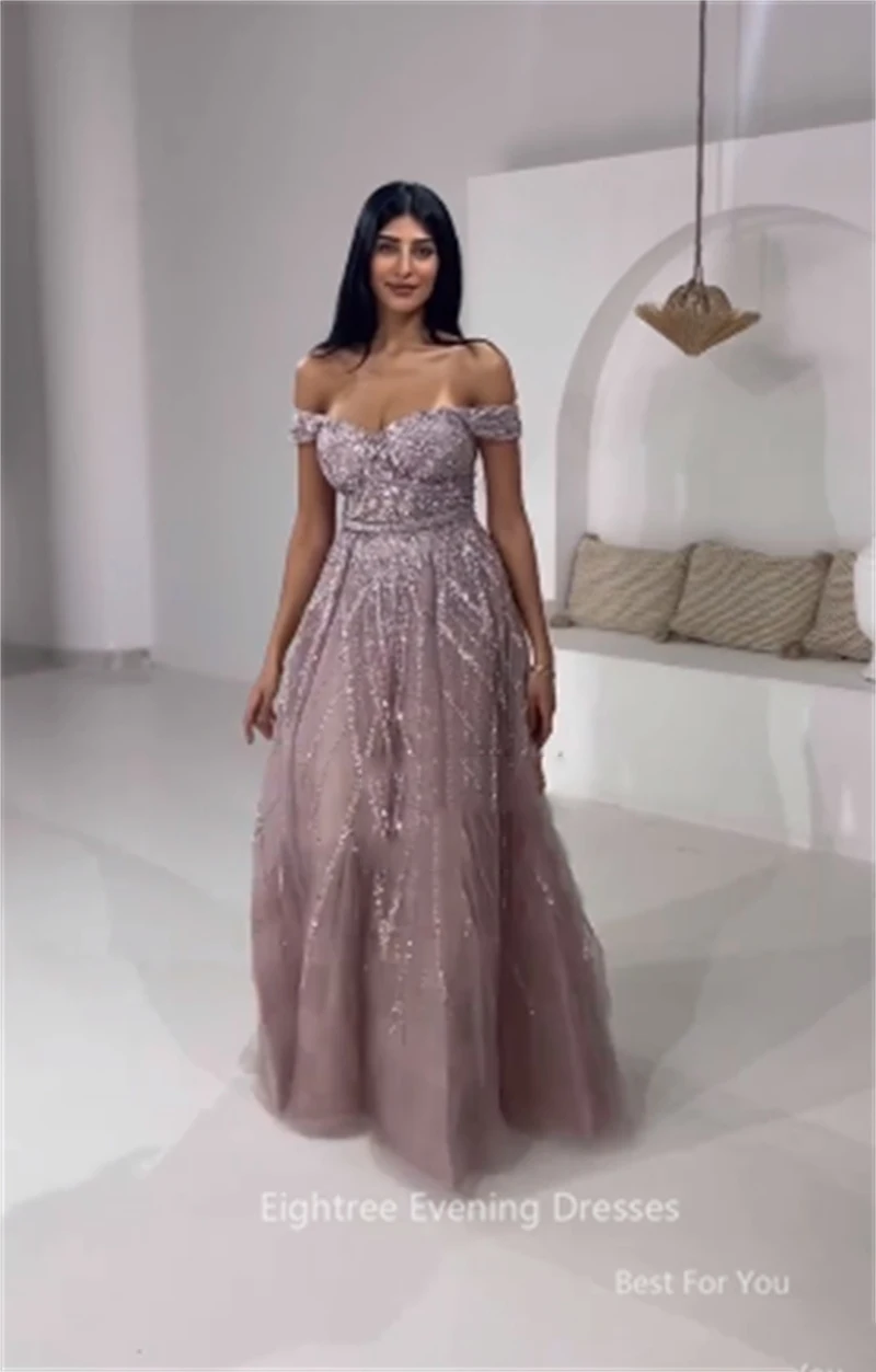 Eightree Pink Shiny Sequins A Line Party Dresses Saudi Arabic Sweetheart Off Shoulder Dubai Evening Dress Special Occasion Gowns