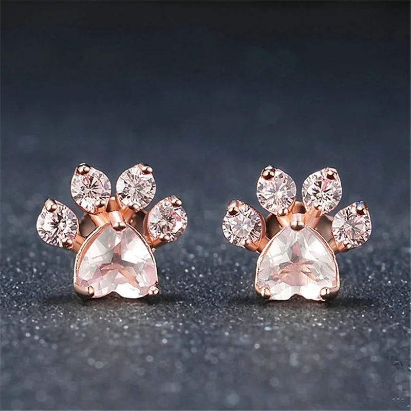 Creative Footprint Pink Crystal Zircon Stud Earrings for Woman Wedding Jewelry Gift Cute Rose Gold Color Small Cat Claw Earrings