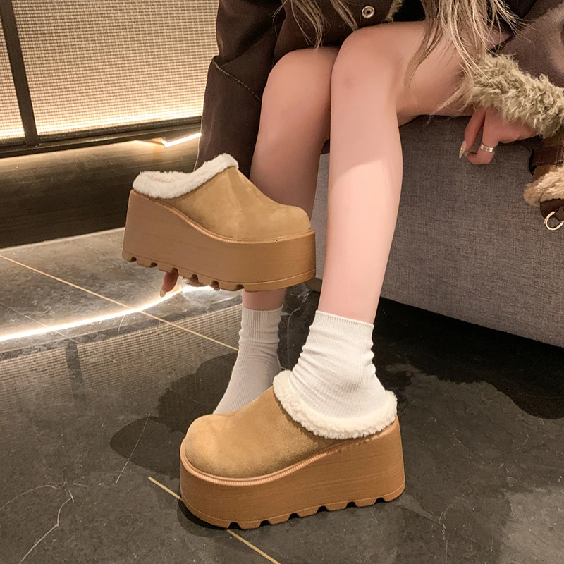 9CM Women Half Sippers Platform 2024 Winter Warm Fur High-heel Retro Women's Loafers Casual Suede Mules For Ladies student-shoes