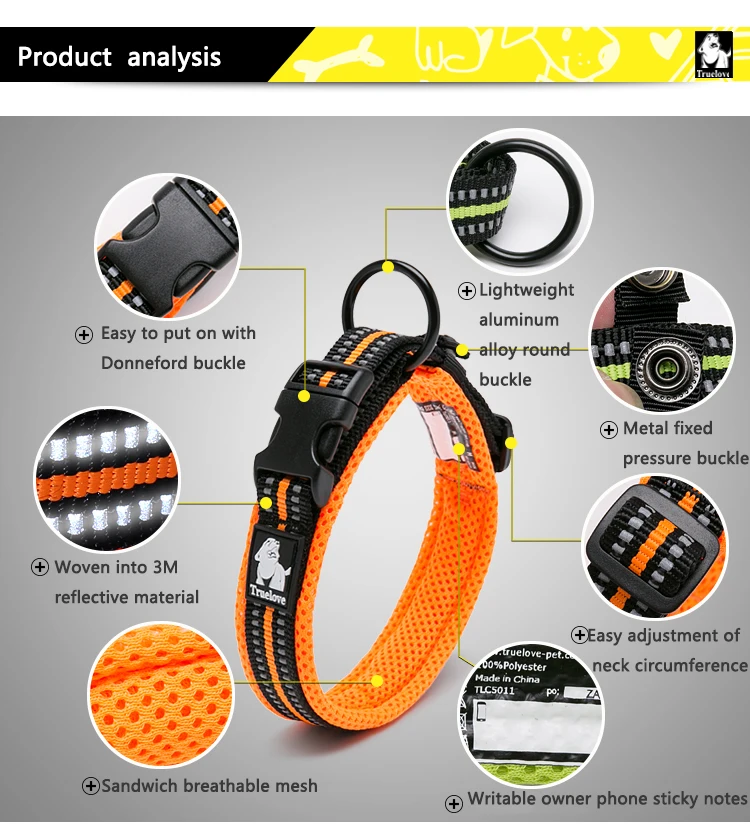 Truelove Adjustable Mesh Padded Pet Collar Bright Reflective Nylon Dog Collar Durable Heavy Duty for All Breed Weather TLC5011