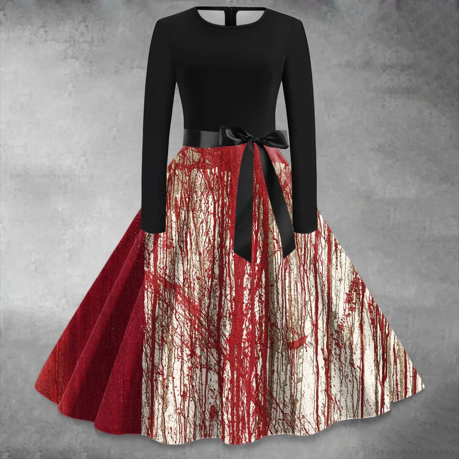 Women'S Halloween Trend Dresses Bloody Print Dark Fashion Dress Crew Neck Long Sleeve Waist Swing Dress Delicate Casual Dress