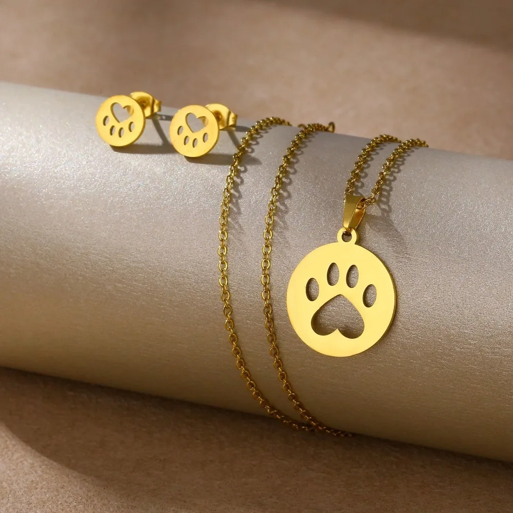 3Pcs, Creative Stainless Steel Pet Paw Print Necklace and Earring Set, Small and Delicate, Non-Fading, Hypoallergenic, Suitable for Everyday Wear, Fun and Relaxed Fashion Accessory, Gift Choice