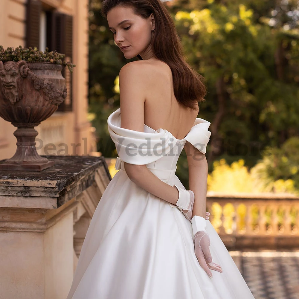 Bandeau Princess Satin Wedding Dress with Bow Belt A-Line Floor Length Open Back Bridal Marriage Dresses Vestido De Novia