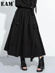 [EAM] High Elastic Waist Black Flower Ribbons Big Hem A-line Half-body Skirt Women Fashion Tide New Spring Autumn 2024 1DH5979