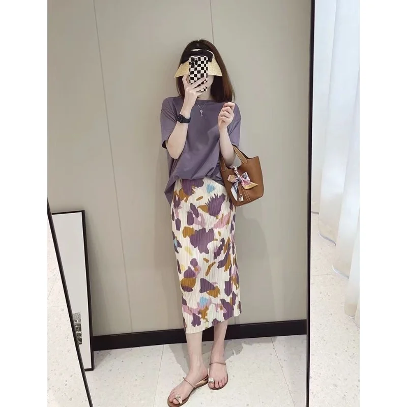 

Gentle y casual color contrast minority design sense printed pleated skirt slim high waist slit straight skirt female