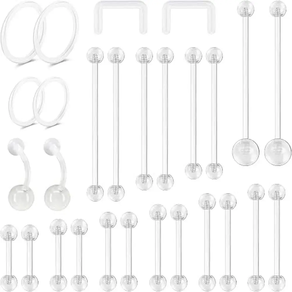 28pcs Set Clear Piercing Retainers For Surgery Acrylic Straight Industrial Bar Piercing Flexible Belly Button Rings Work Sport