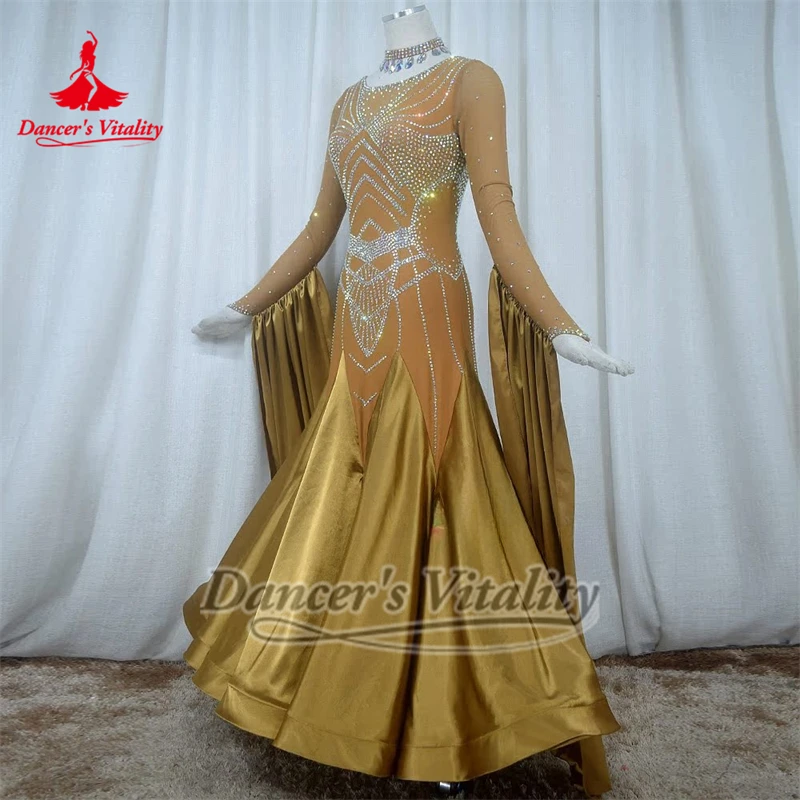 فساتين نسائية باللون البني الداكن لقاعة الرقص AB بأحجار مع قلادة وحيوية الراقصة للبالغين أداء الفالس ومسابقة الزي حسب الطلب