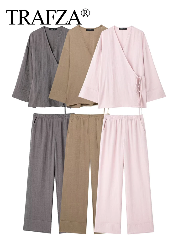 TRAFZA 2024 Women\'s Linen Solid Pajama Style Pants Sets Fashion Lace Up Cardigan Kimono Shirt+High Waist Pleated Trousers Outfit