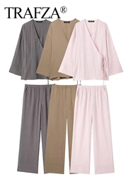 TRAFZA 2024 Women's Linen Solid Pajama Style Pants Sets Fashion Lace Up Cardigan Kimono Shirt+High Waist Pleated Trousers Outfit