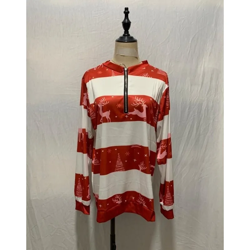 เสื้อสเวตเชิ้ตแขนยาวพิมพ์ลายคริสต์มาสคอวีมีซิปแฟชั่นสำหรับผู้หญิง