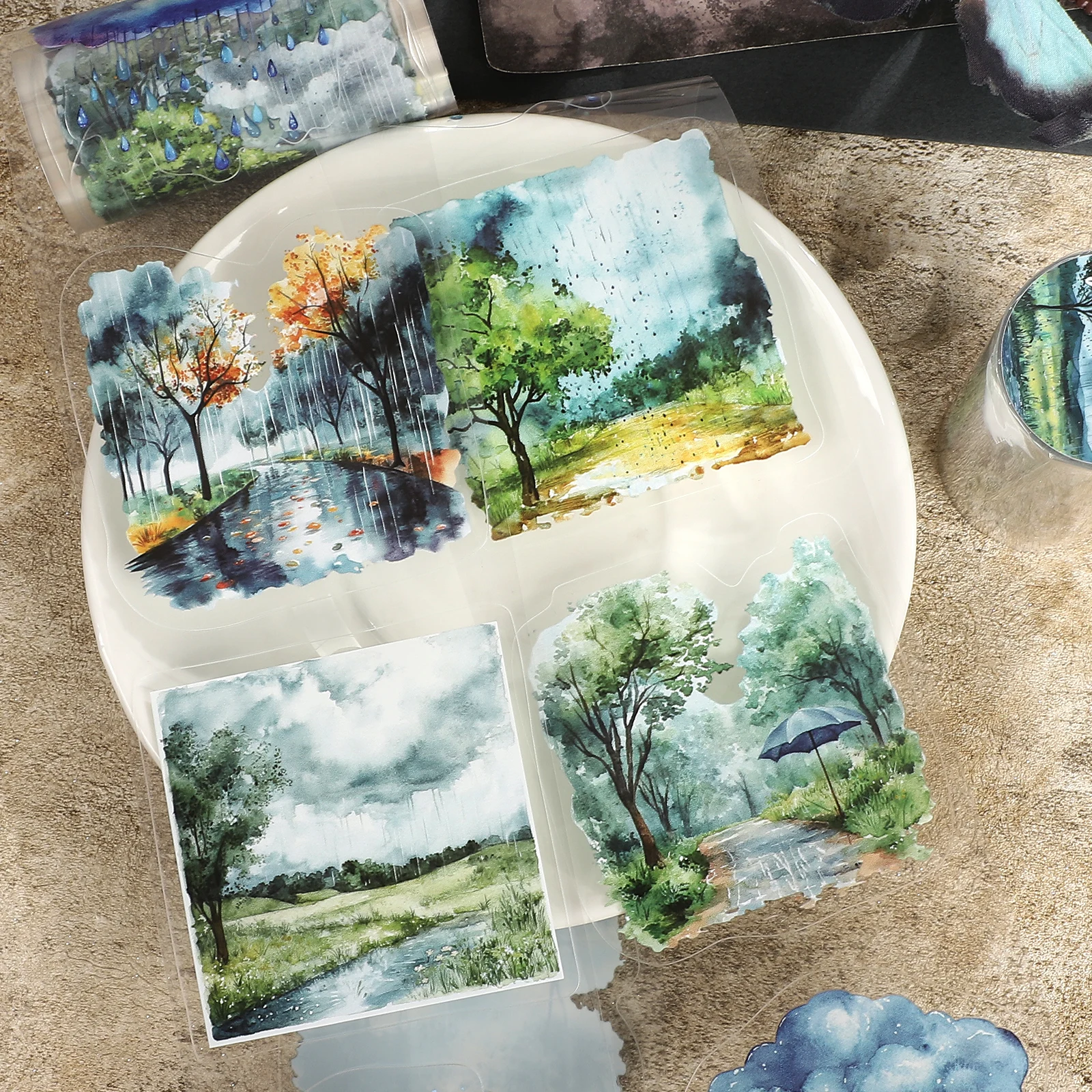 80mm*200cm Vintage Forest Tree Rain Landscape PET Tape Creative DIY Journal Material Collage Scrapbooking Stationery