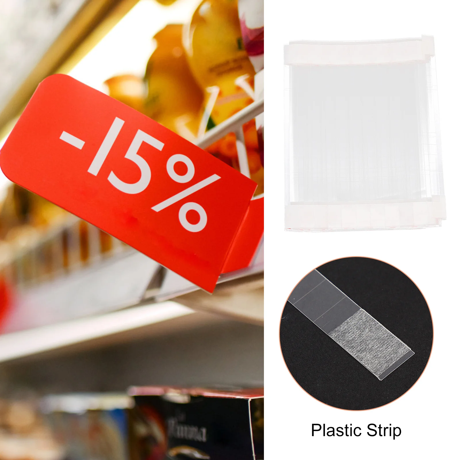

100Pcs Advertising Label Display Price Tag Holder Plastic Strong Adhesive Strip for Supermarkets Retail Stores Exhibition