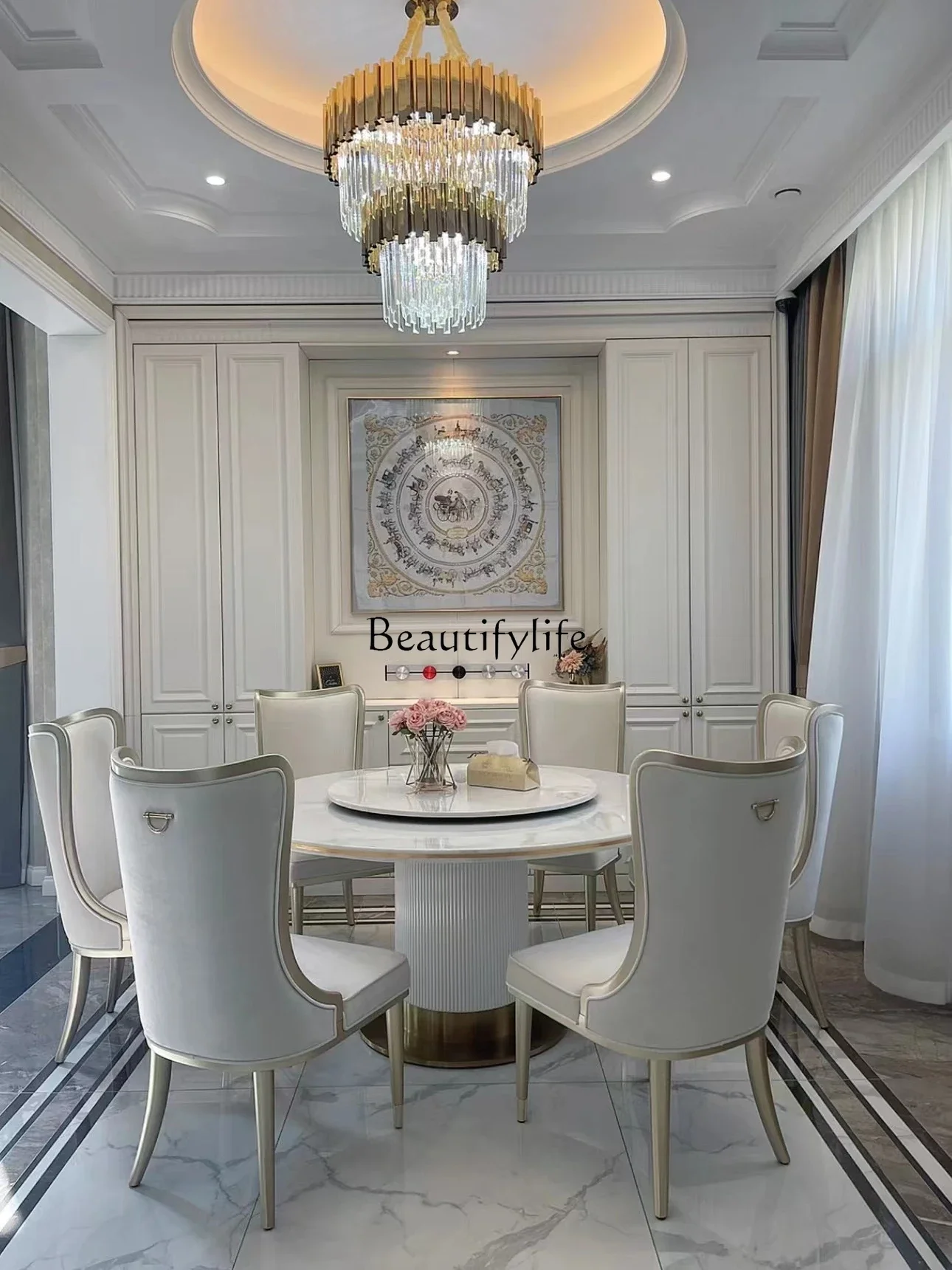 

yj5French Entry Lux Marble round Dining Tables and Chairs Set Solid Wood Dining Chair