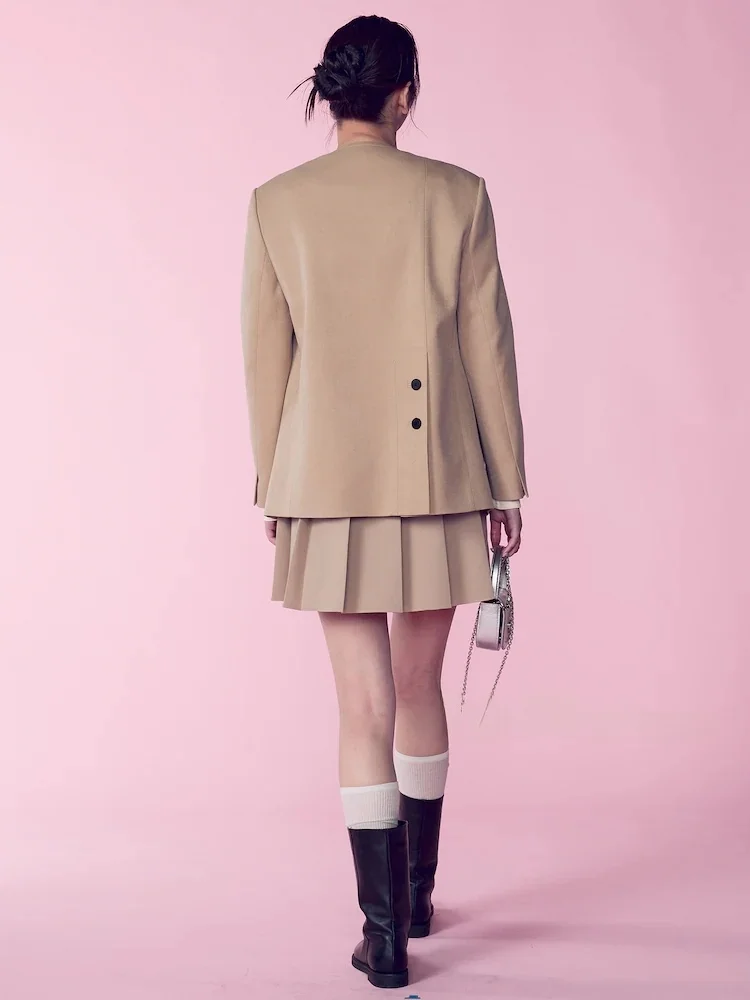 Wyszczuplająca wełniana kamizelka z plisami, dekolt w serek, rozcięcie, uniwersalna odzież robocza, długi rękaw, zapinana na guziki, jednolity kolor, wiosenna moda.