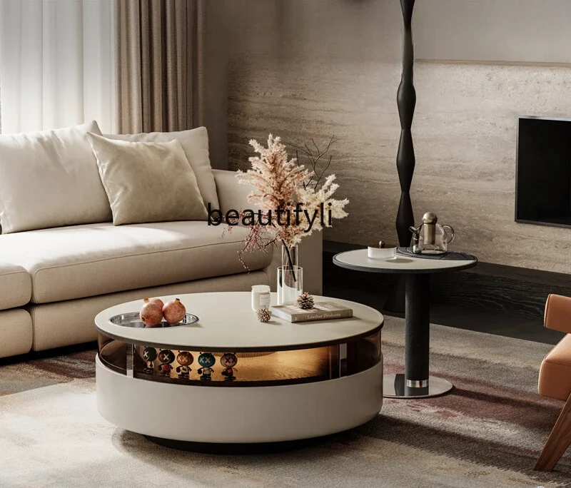 

Italian minimalist rotating designer creative wabi-sabi wind small apartment household saddle leather round coffee table