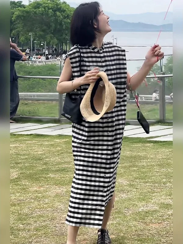 Ele Vintage Plaid été Svel fendu longue Dr vêtements pour femmes trajet Sle taille ample a-ligne jupe Dr