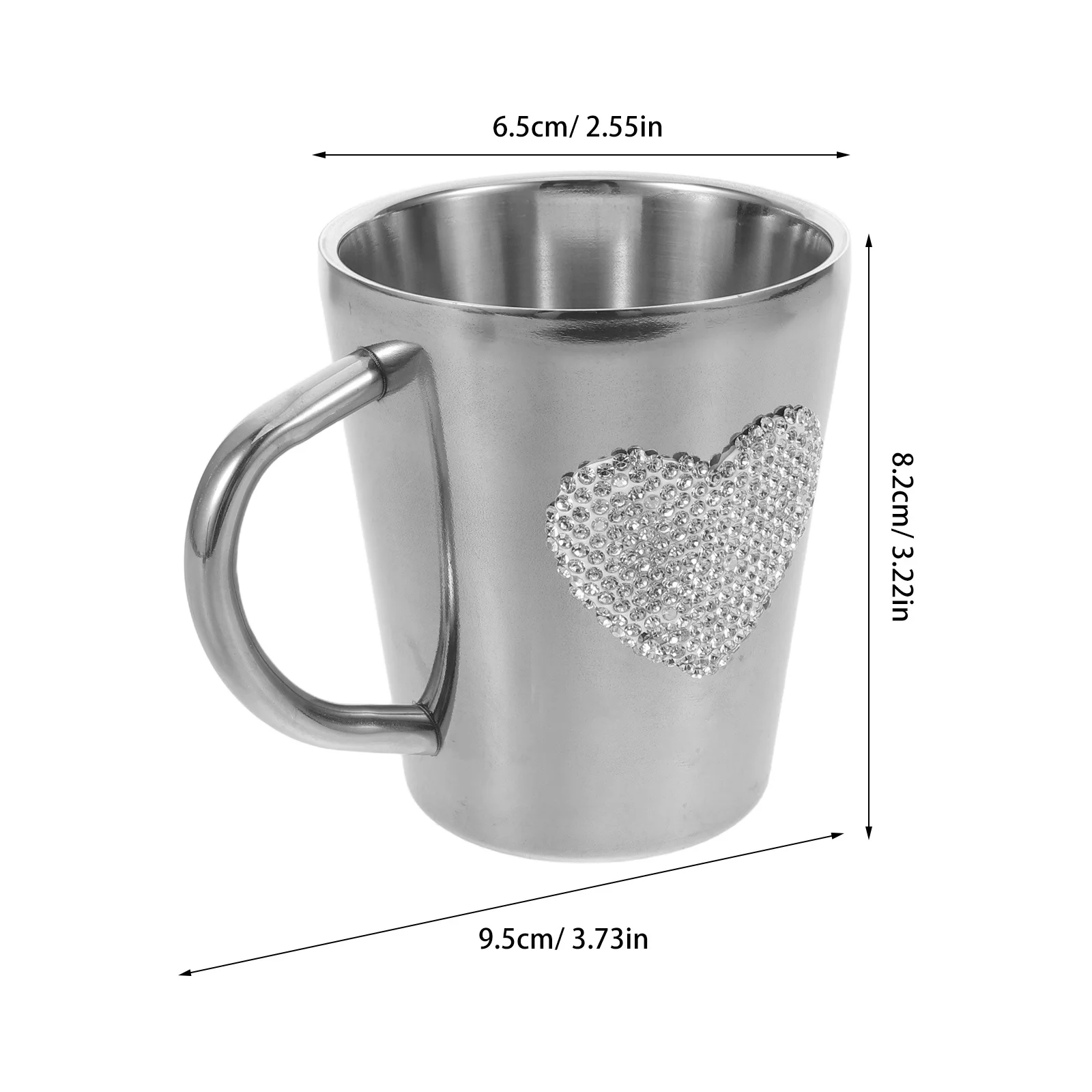كوب قهوة من الفولاذ المقاوم للصدأ على شكل قلب من حجر الراين، كوب صغير للتخييم، كوب سفر قابل لإعادة الاستخدام، كوب شاي لاتيه معدني، قلب فضي لامع #4