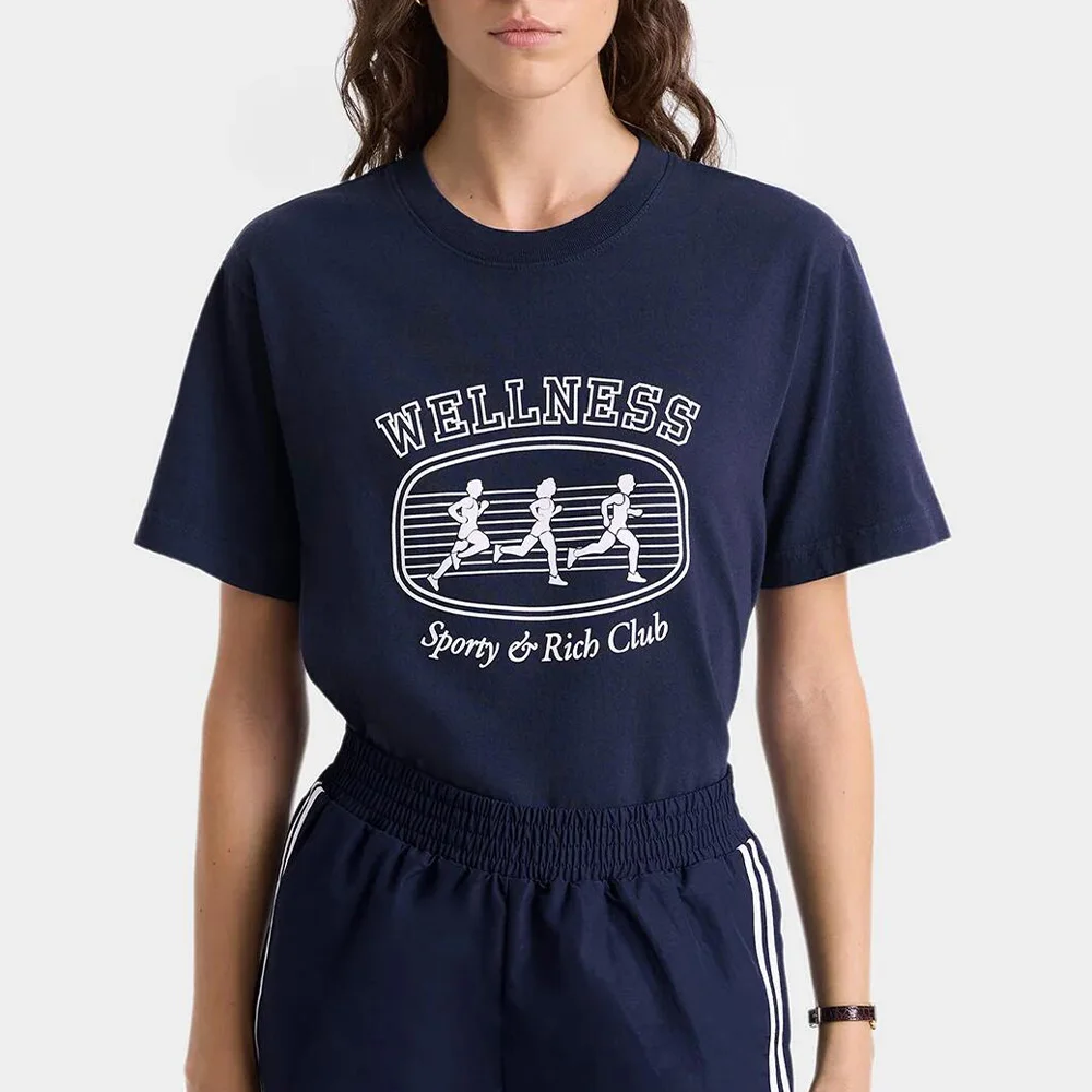 Running Wellness Club Letters Printing Vintage Style Navy T Shirts Female Short Sleeve Loose Cotton Tops 90's Fashion Casual Tee