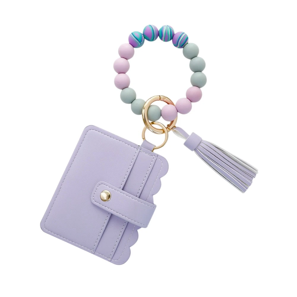 Wristlet Keychain Bracelet Credit Card Holder Wallet Key Ring Silicone Tassel Keychain Beaded Bangle for Women - B