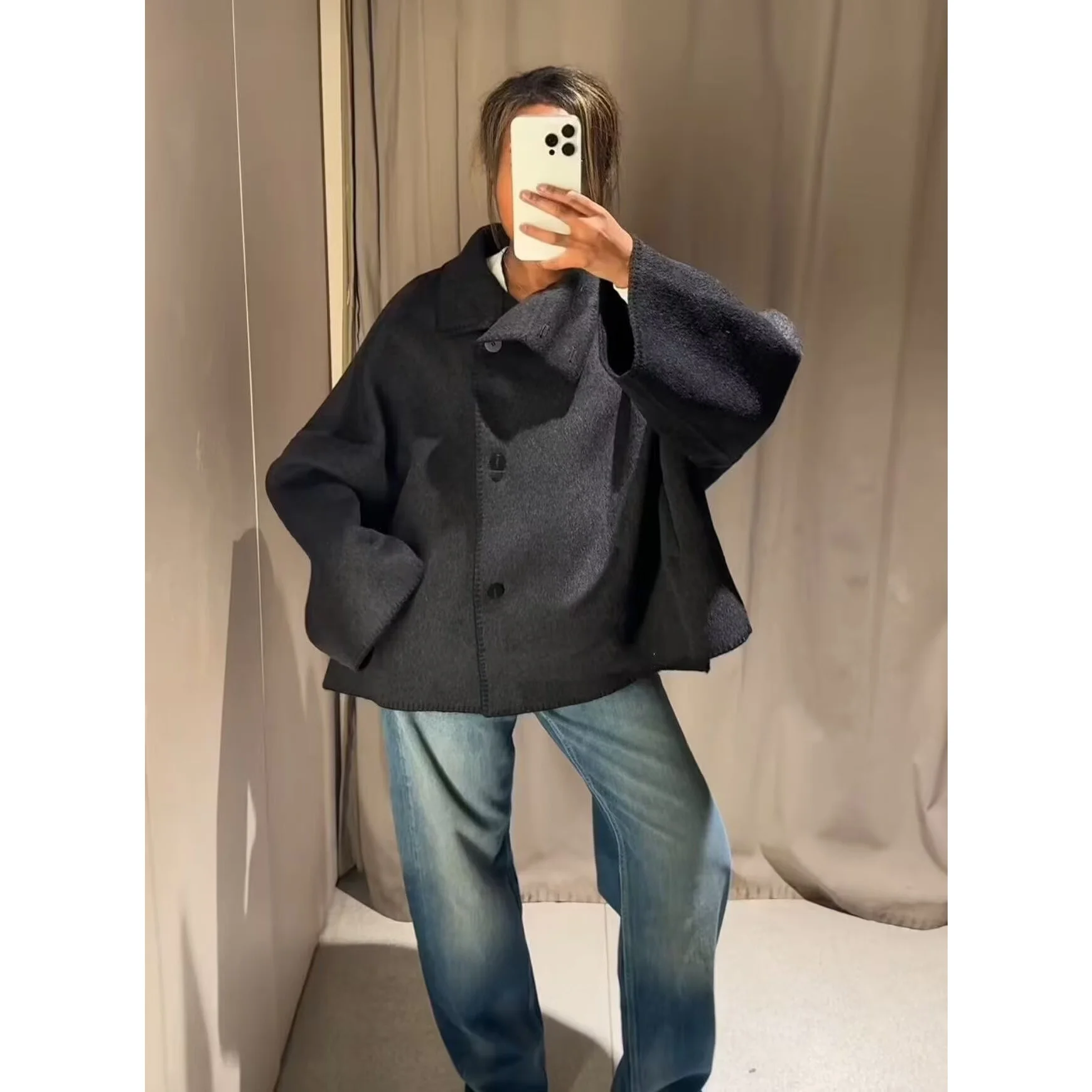 BSAY otoño nueva ropa de mujer 2025 nuevo producto chaqueta de manga larga de un solo pecho con dobladillo asimétrico francés y cuello alto