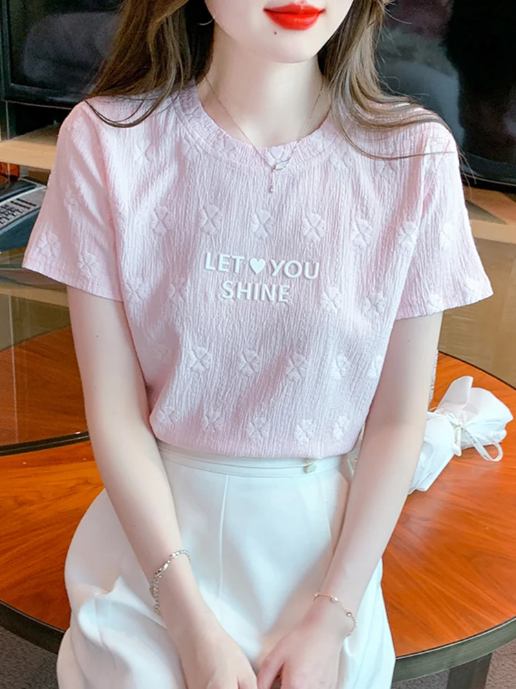 Bawełniana koszulka z nadrukiem liter, damska, letnia, nowa, z okrągłym dekoltem, odsłaniająca ramiona, odpowiednia, modna, młodzieżowa bluzka.