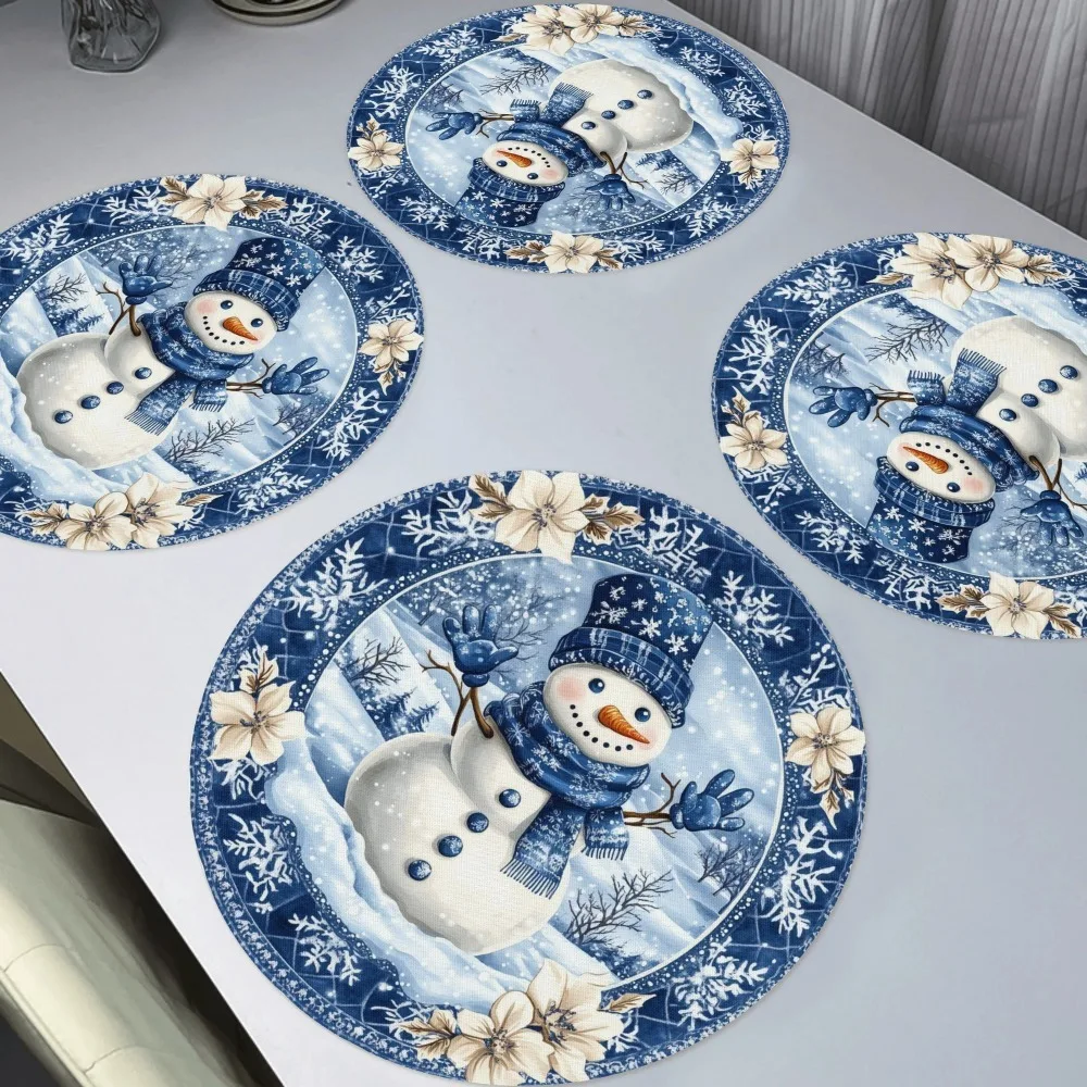 2/4/6/8Pcs Winter Snowman and Christmas Tree Kitchen Tablecloths Round Handmade Linen Placemats with Festive Blue Floral Design, Perfect for Holiday Dining and Seasonal Decoration, Festive Tabletop Decoration