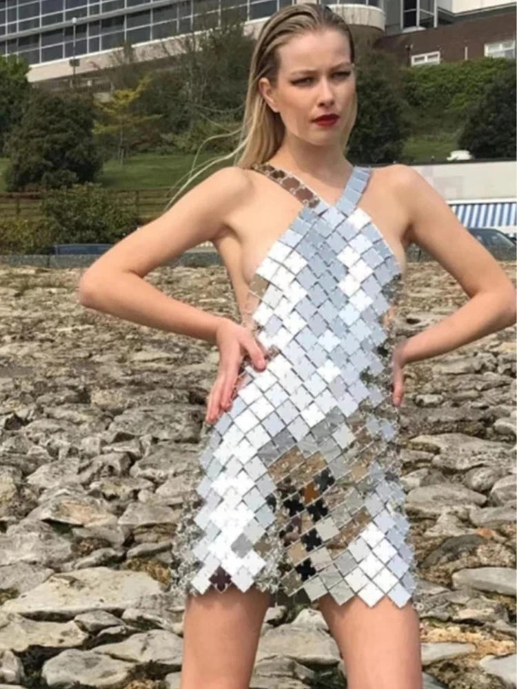 Gouden rok dames zilver sexy mouwloze backless halter mini-jurk voor avondfeest vierkante schijf maliënkolder Halloween