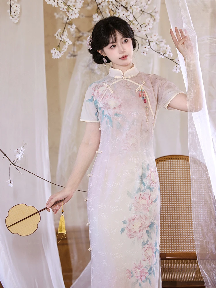 

Chuan Dai iguang оригинальный розовый шелковый атлас с цветочной вышивкой Dr, женский воротник Hanfu на пуговицах