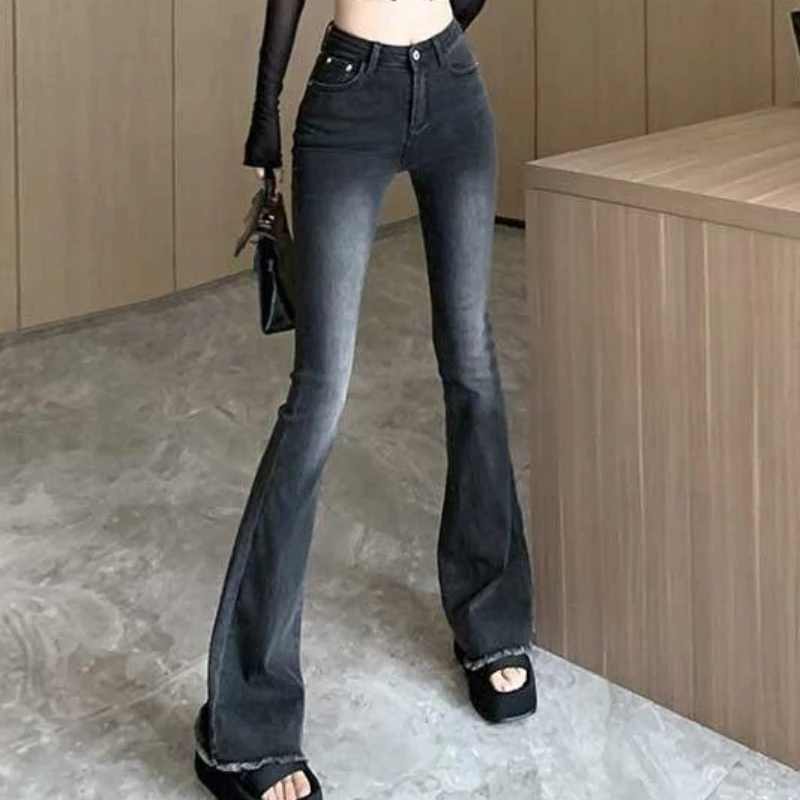 Women's autumn new fashion trend high waist wide leg slim fit elastic fringed design sense versatile micro flared pants