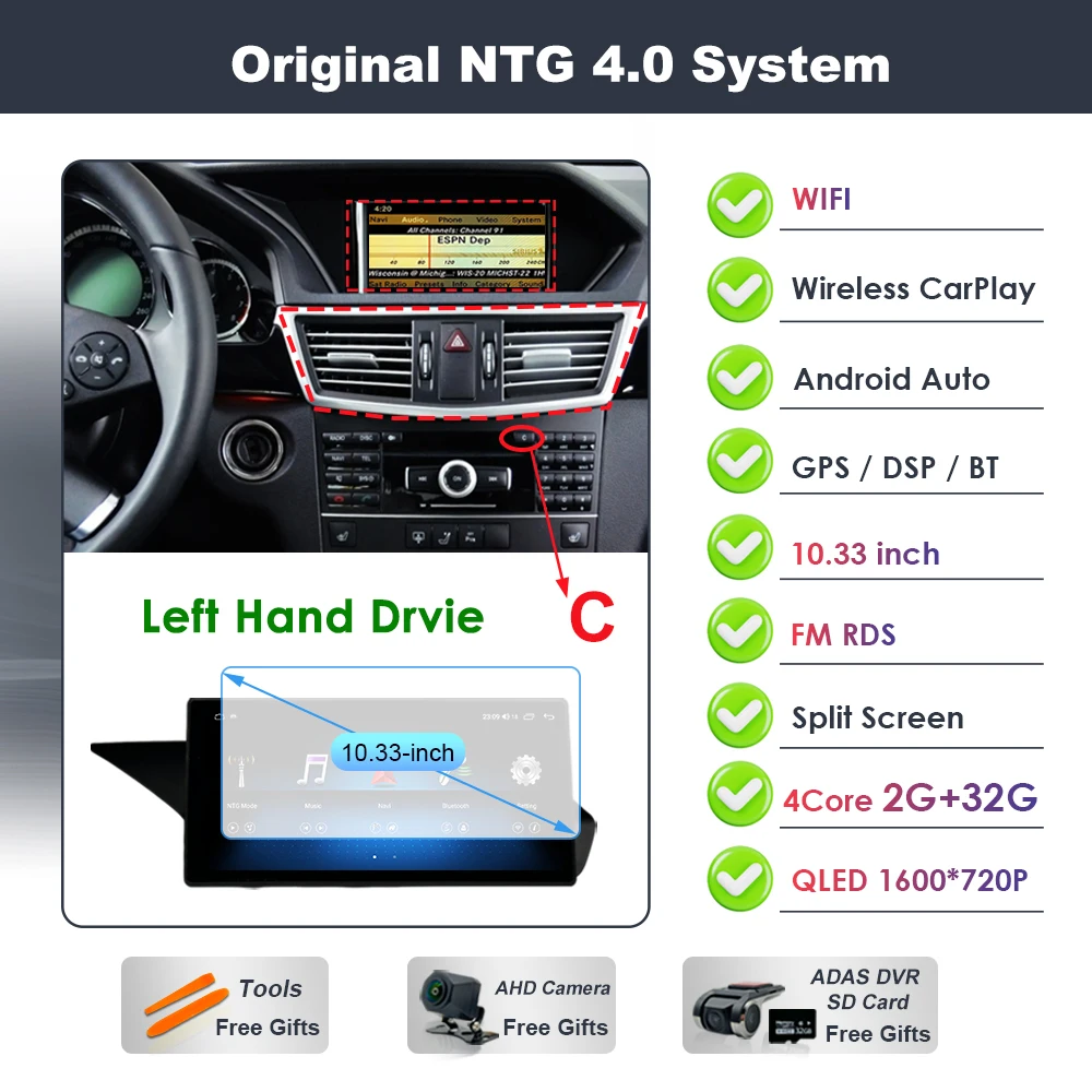 Draadloze Carplay voor Mercedes Benz E-Klasse W212 2009-2015 Android 16 autoradio video DSP stereo GPS QLED touchscreen 4G WiFi BT - afbeelding 1
