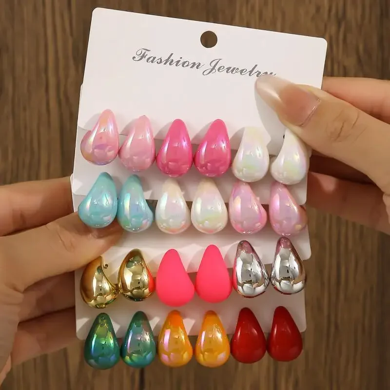 3 Pairs Water Drop Earring Set, Macaron Glossy Bean Stud Earrings, Classic Minimalist Design, Versatile for Daily Wear
