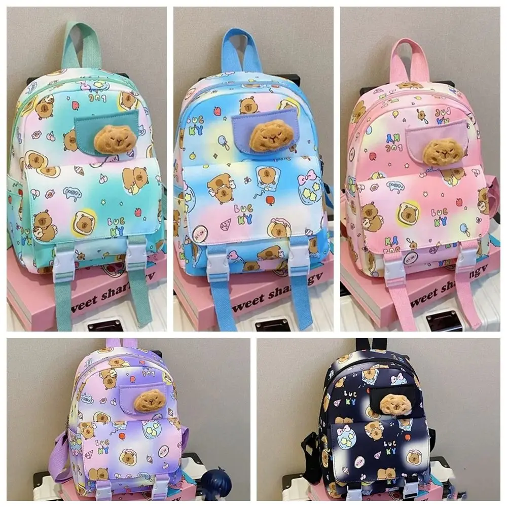 Cute Thickened Capybara Backpack Nylon Lightweight Large Capacity School Bag Foldable Wide Straps Cartoon Animal Daypack Friends