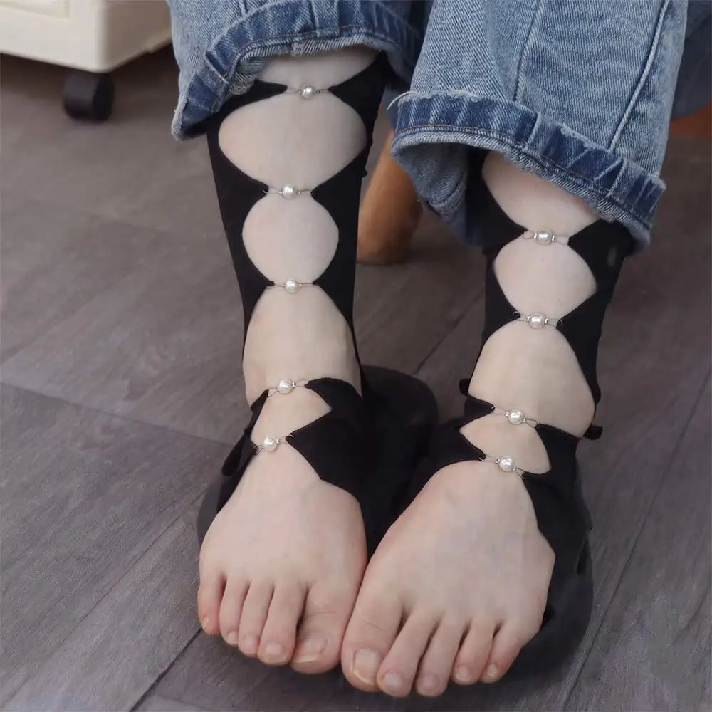 أزياء كول الأسود الشرير أكمام أذرع تبريد نابض Y2K اللؤلؤ نصف إصبع غطاء للذراع رقيقة الساق الجوارب جوفاء العجل كم الصيف #2