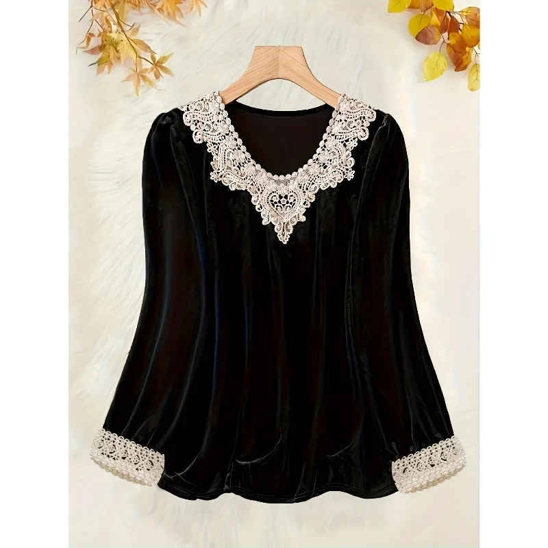 Plus Size New Women Fashionable Contrast Lace Round Neck Blouse Shirt Ladies Casual Solid Color Long Sleeved Shirt