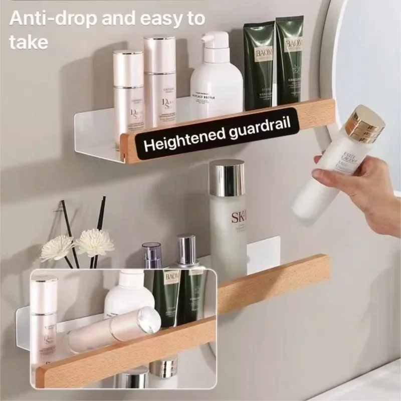 

Wall-Mounted Bathroom Wooden Shelf Non-Punched Kitchen Storage Racks Waterproof And Moisture-Proof Bathroom Kitchen Accessories