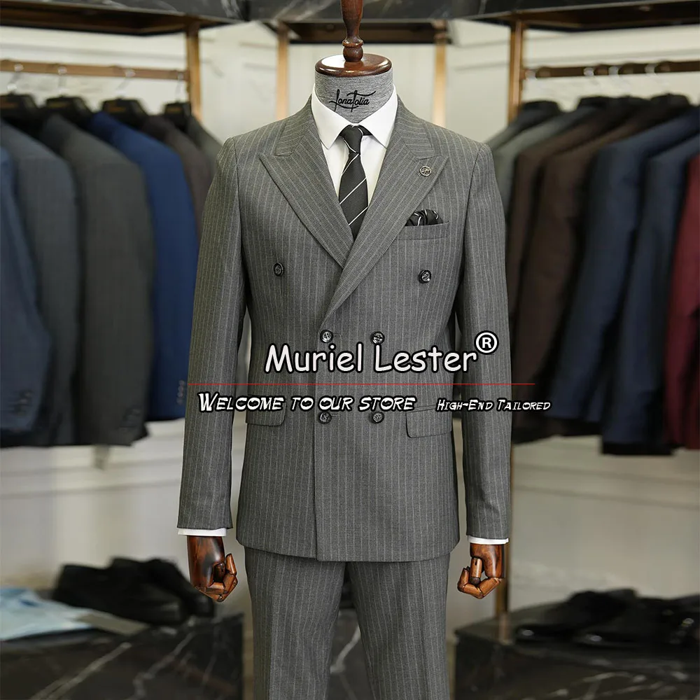 Tailor Made Business Suits Men Formal Prom Party White Stripe Grey Jacket Pants 2 Pieces Set Groom Custom Tuxedos Fit Slim Dress