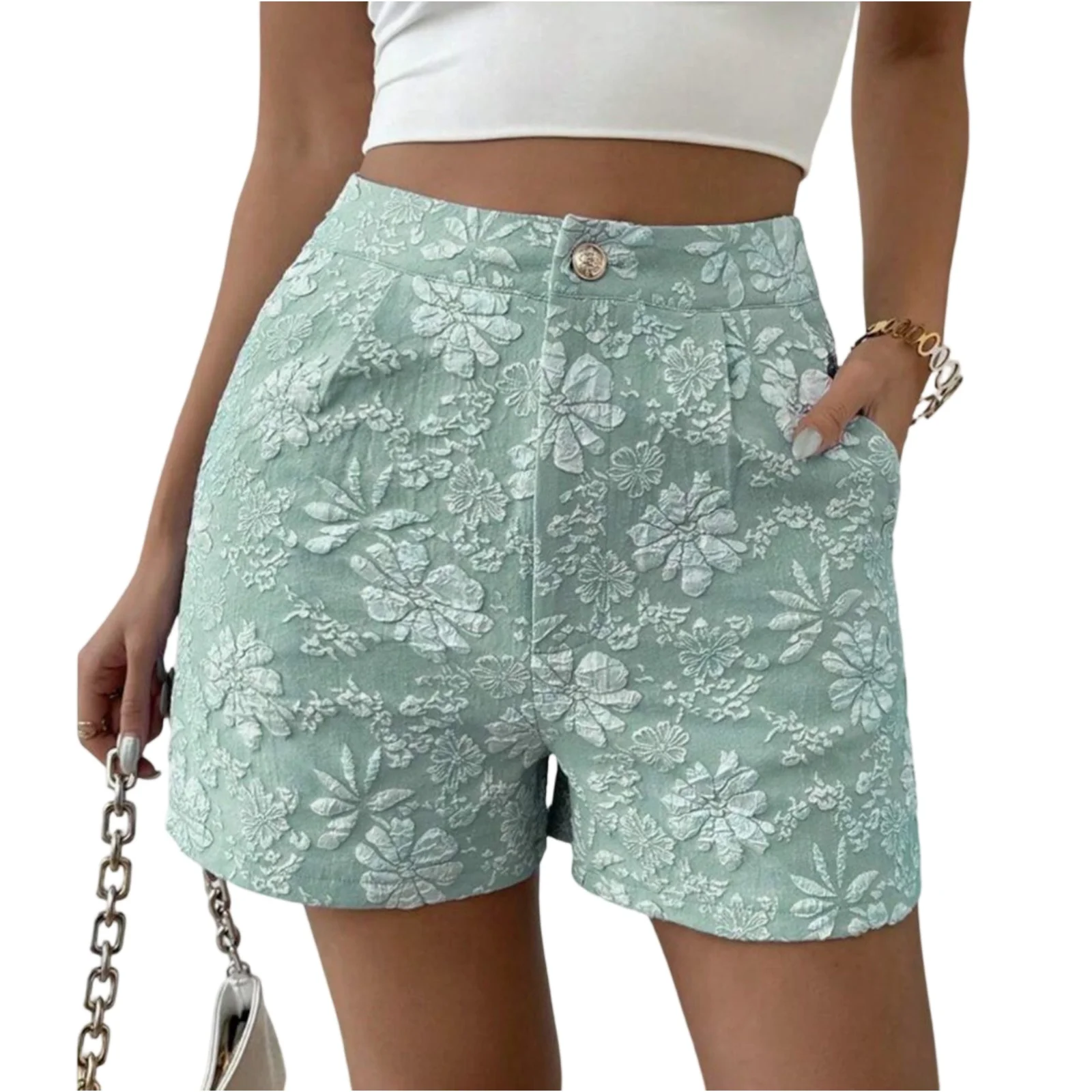 Pantalones cortos ajustados de mezclilla falsa para mujer, pantalones cortos de encaje Jacquard, pantalones de verano rectos que combinan con todo, novedades femeninas