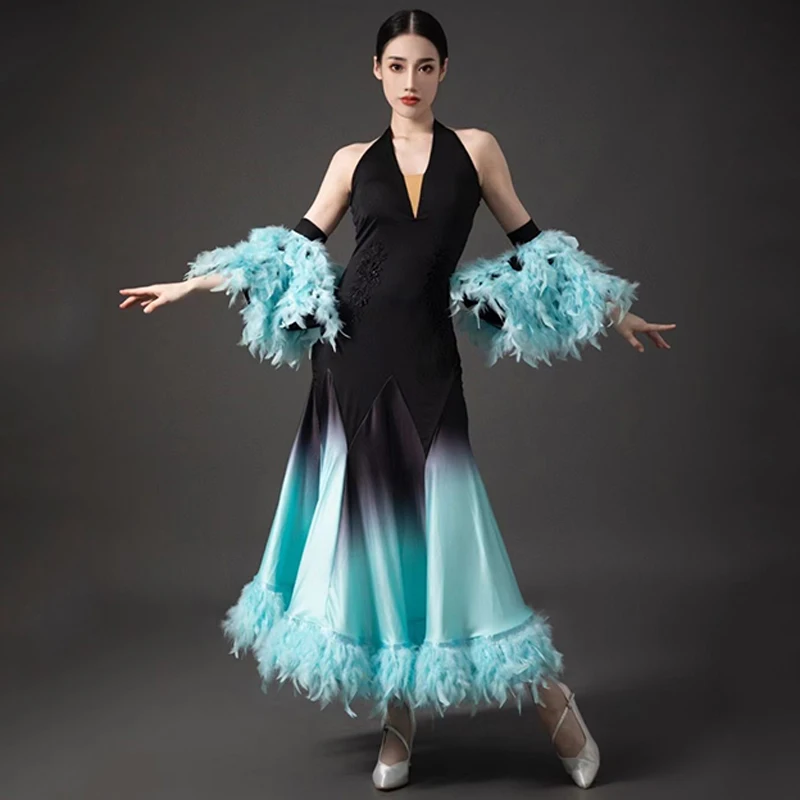 2024 White Feather Ballroom Dance Dress Women Performance Clothing Waltz Dance Costume Bubble Sleeves Tops Ballroom Skirt BL9768
