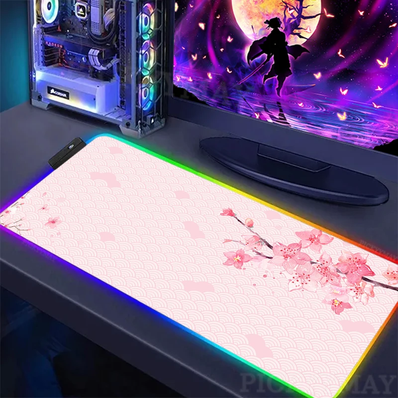 

Pink Sakura RGB Gaming Mousepads Cherry Blossom Desk Pad Keyboard Mat LED Gamer Mousepad XXL Mouse Pads Luminous Mouse Mats