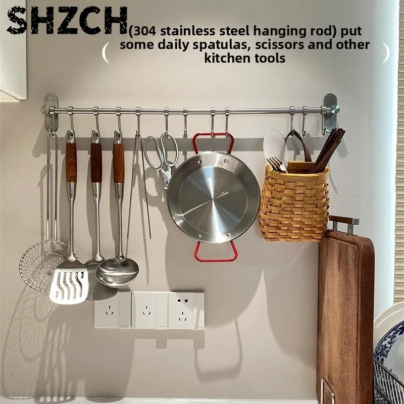 304 Stainless Steel Kitchen Hook Wall Mounted Utensil Rail System Multipurpose Spoon Organizer Rack Space Saving Cookware Hanger