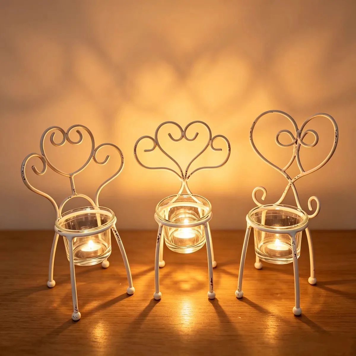 Decorative Metal Tealight Candle Holder Chair, White Distressed Finish, Heart Design Backrest with Glass Cup, Set of 3 Styles
