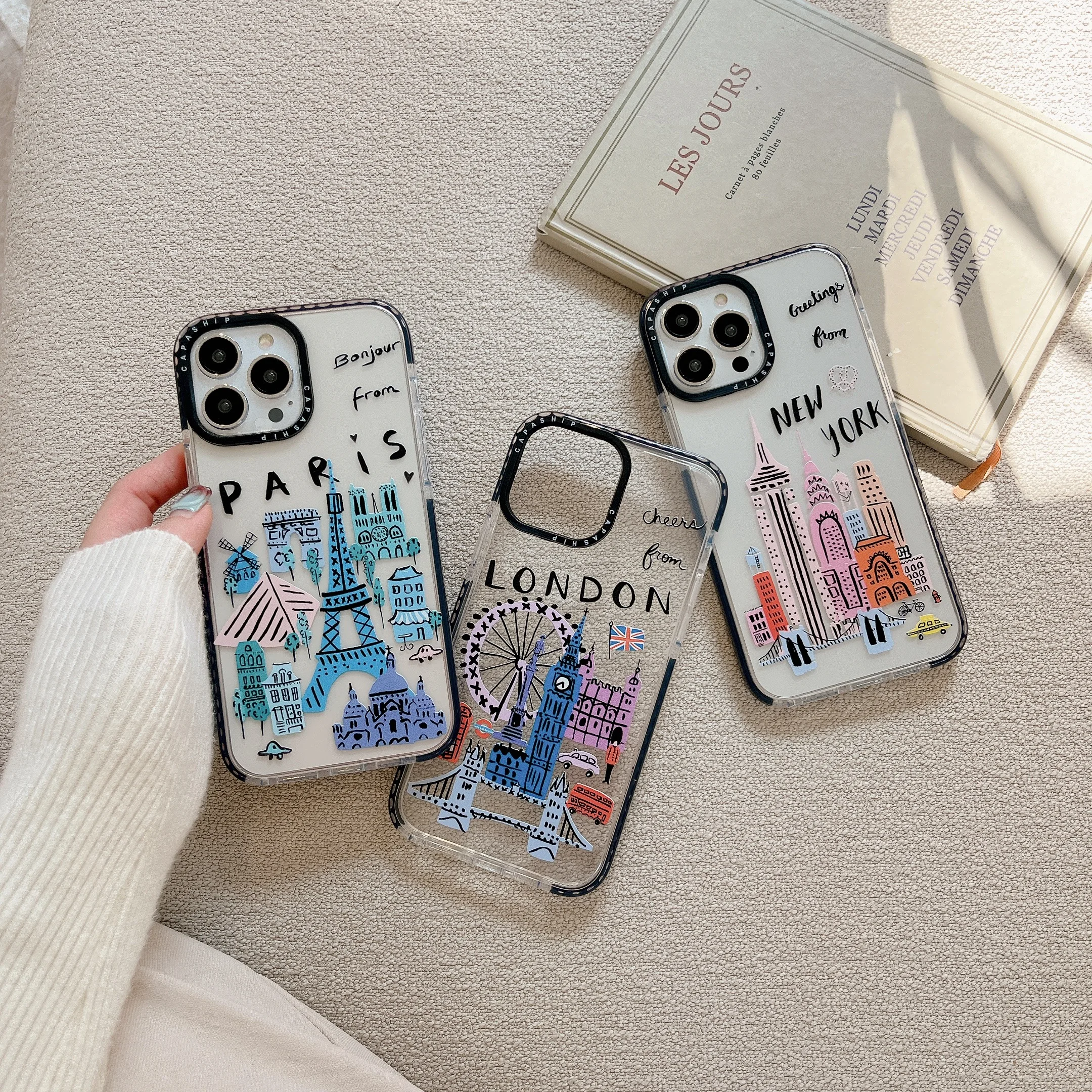 Paris London New York City Landmark building Cartoon Doodle Cover Case For iPhone 16 15 14 13 12 11 Pro Max 7 8 Plus Mini X XR