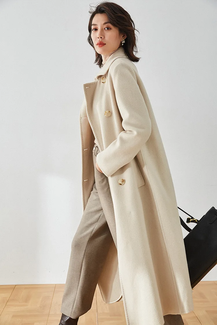 10%Cashmere /90% Wool Hand-Stitched Classic Double-Faced  Coat Woolen Female Beige Clasic Cashmere  Winter 2024 Women's Jacktets