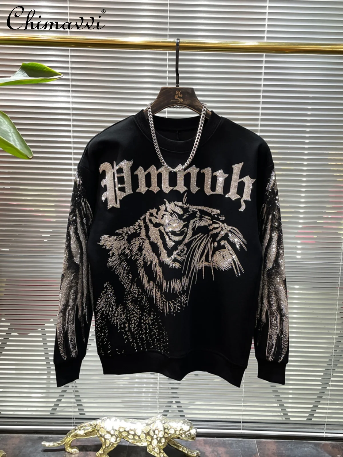 European Fashion Tiger Head Hot Diamond Sweatshirt Men Autumn Winter Fashion Wings Round Neck Pullover Long Sleeve Handsome Top